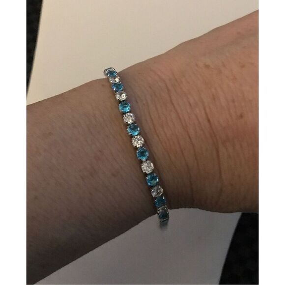 NEW~4.6 Carat Lab Created Blue & White Topaz Tennis Bracelet~18KWGP~ - Picture 3 of 3
